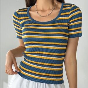 COPY - NWOT DAZY Blue and Yellow Striped Scoop Neck Tee